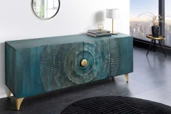 Handgearbeitetes Sideboard GOLDEN SUNSET 180cm türkis gold Mangoholz Metallbeine