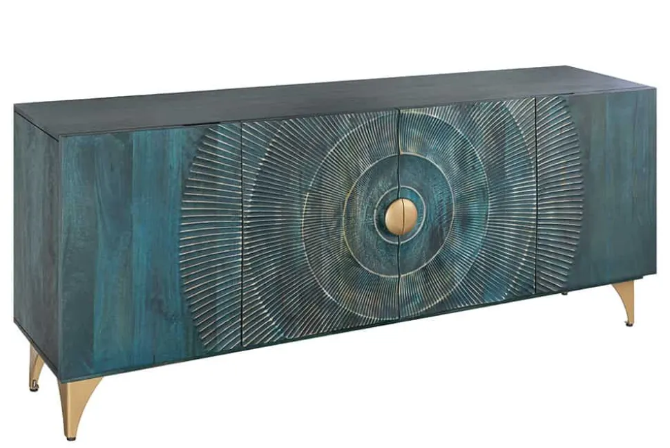 Handgearbeitetes Sideboard GOLDEN SUNSET 180cm türkis gold Mangoholz Metallbeine