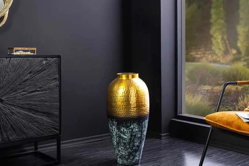 Handgefertigte Deko Vase ORIENT XL 75cm gold Metall mit Patina Hammerschlag Design