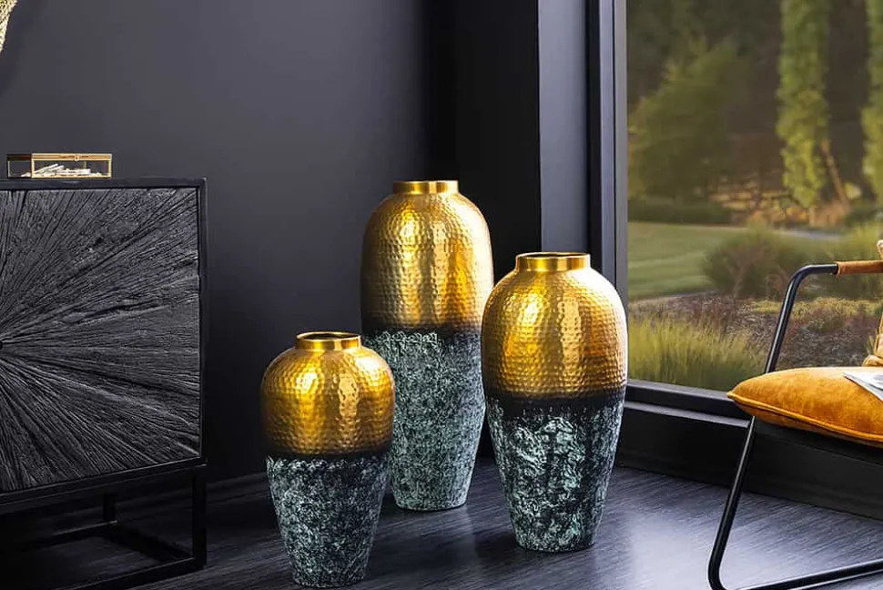 Handgefertigte Deko Vase ORIENT XL 75cm gold Metall mit Patina Hammerschlag Design