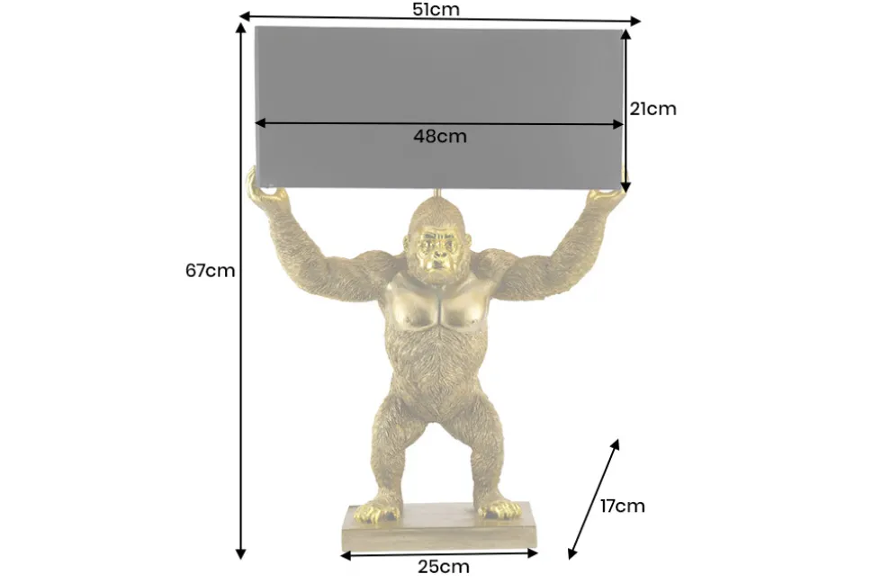 Handgefertigte Tischlampe KING APE 70cm schwarz gold Stoffschirm Affen-Skulptur
