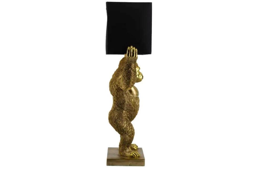 Handgefertigte Tischlampe KING APE 70cm schwarz gold Stoffschirm Affen-Skulptur