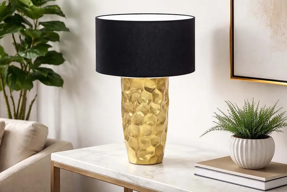 Handgefertigte Tischlampe AURELIA 55cm gold schwarz Hammerschlag-Design mit Stoffschirm