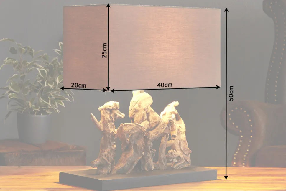 Handgefertigte Tischlampe ARAGON 50cm braun Treibholz-Fuß mit Leinenschirm