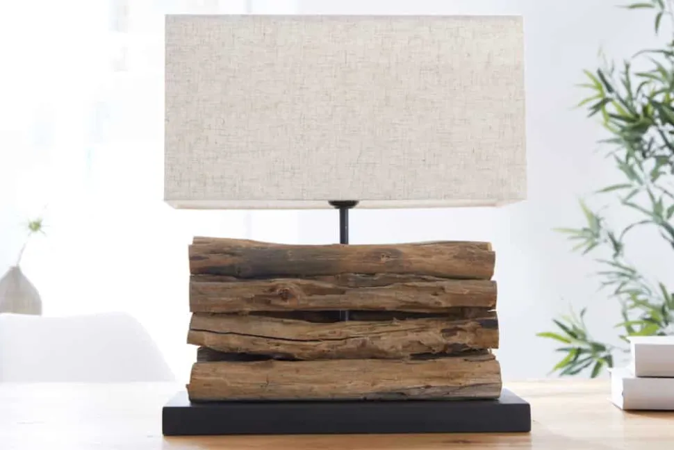 Handgefertigte Tischlampe PERIFERE 40cm beige Treibholz Leinenschirm