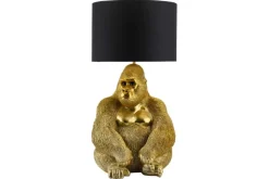 Handgefertigte Tischlampe KING APE 55cm gold schwarzer Stoffschirm Gorilla-Skulptur