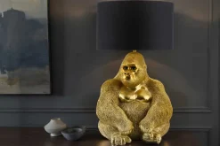 Handgefertigte Tischlampe KING APE 55cm gold schwarzer Stoffschirm Gorilla-Skulptur