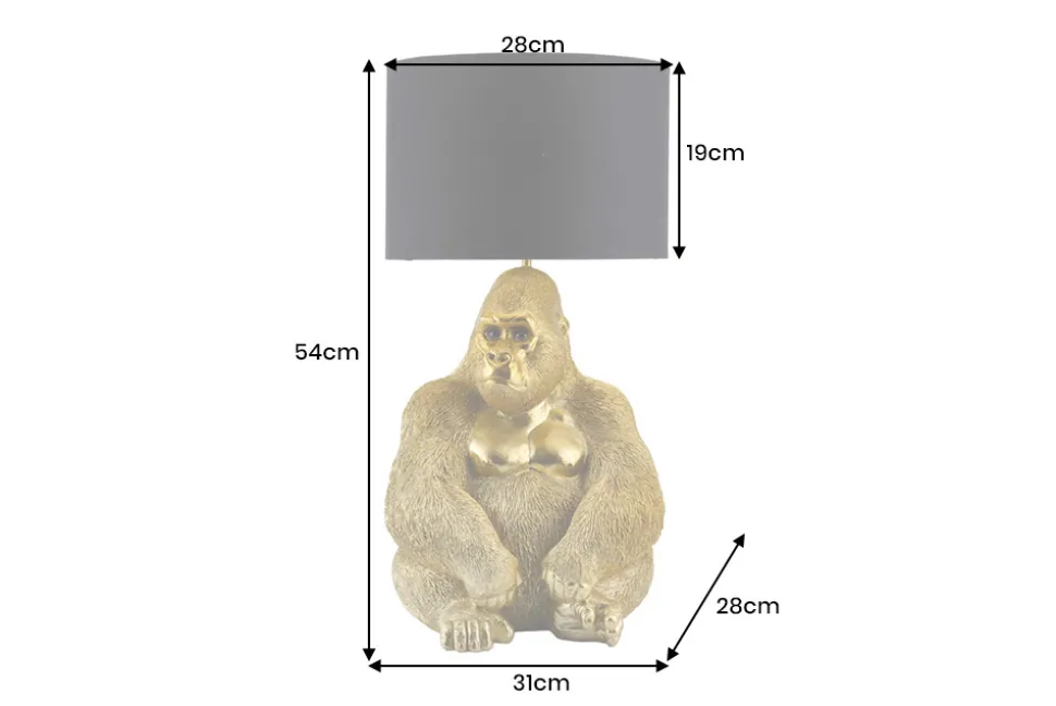 Handgefertigte Tischlampe KING APE 55cm gold schwarzer Stoffschirm Gorilla-Skulptur