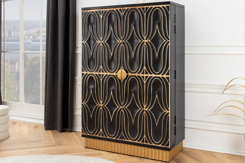 Handgefertigter Barschrank PIAZZA SAN MARCO 140cm grau gold Mangoholz massiv 3D-Design