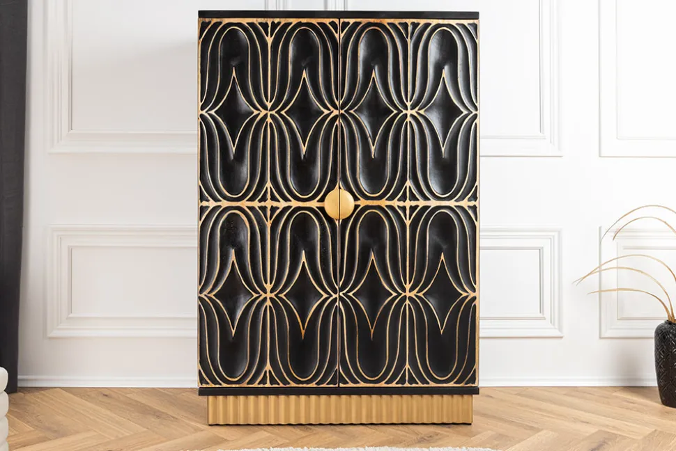 Handgefertigter Barschrank PIAZZA SAN MARCO 140cm grau gold Mangoholz massiv 3D-Design