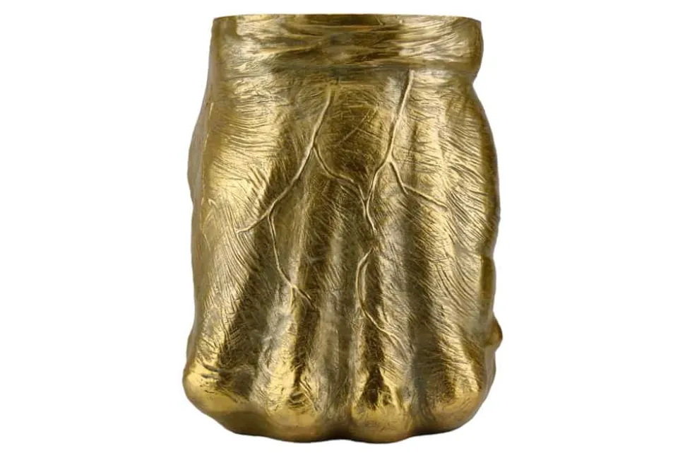 Handgefertigter Beistelltisch FIST 50cm gold runde Tischplatte Faust-Skulptur