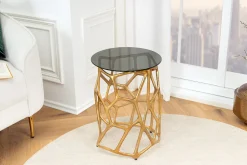 Handgefertigter Beistelltisch LIQUID GEOMETRIE 50cm gold rund Metall Schwarzglas