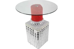 Handgefertigter Bistrotisch LIPSTICK 75cm rot silber runde Tischplatte Glas