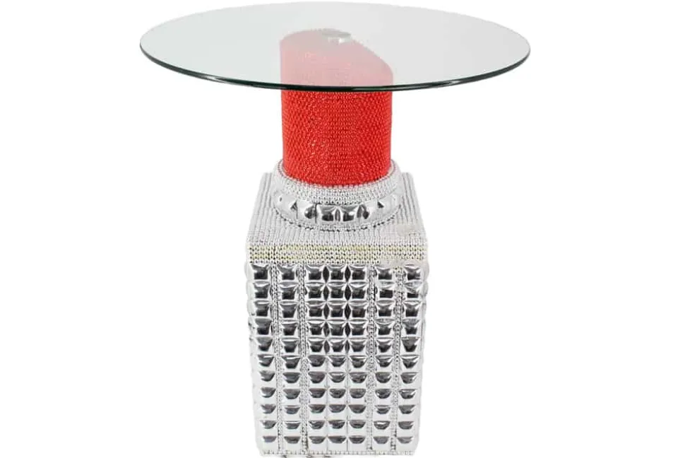 Handgefertigter Bistrotisch LIPSTICK 75cm rot silber runde Tischplatte Glas