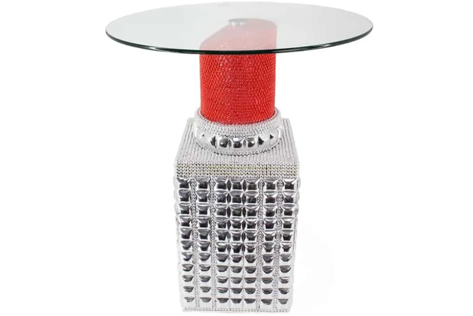 Handgefertigter Bistrotisch LIPSTICK 75cm rot silber runde Tischplatte Glas