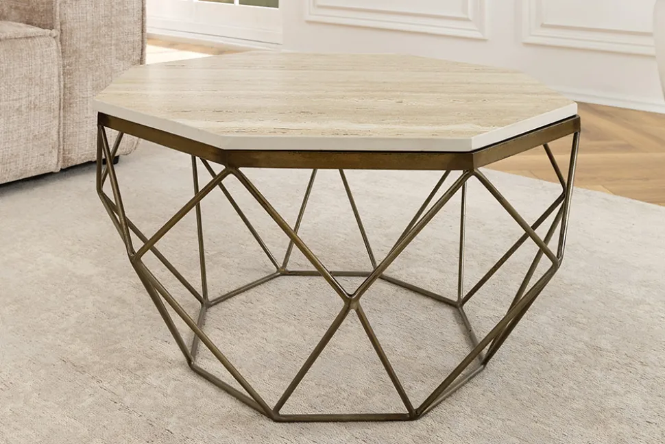 Handgefertigter Couchtisch DIAMOND 70cm beige Travertin messing Eisen