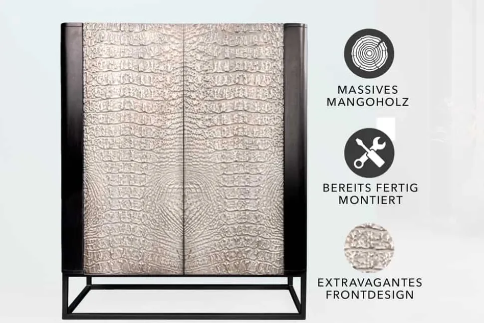 Handgefertigtes Highboard CROCO 120cm grau schwarz Mangoholz massiv 3D-Design