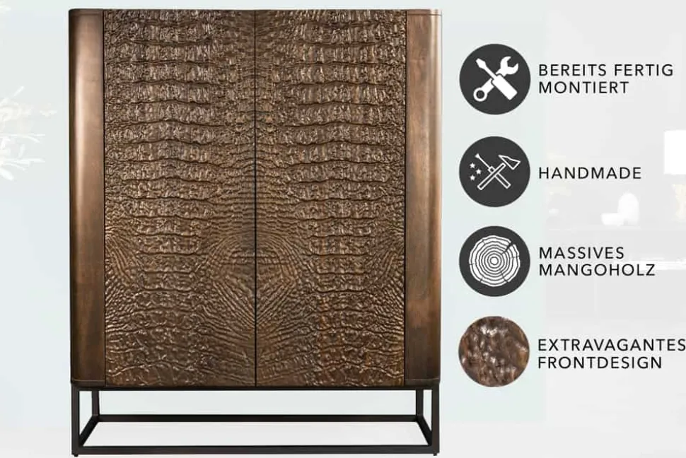 Handgefertigtes Highboard CROCO 120cm braun Mangoholz massiv 3D-Design