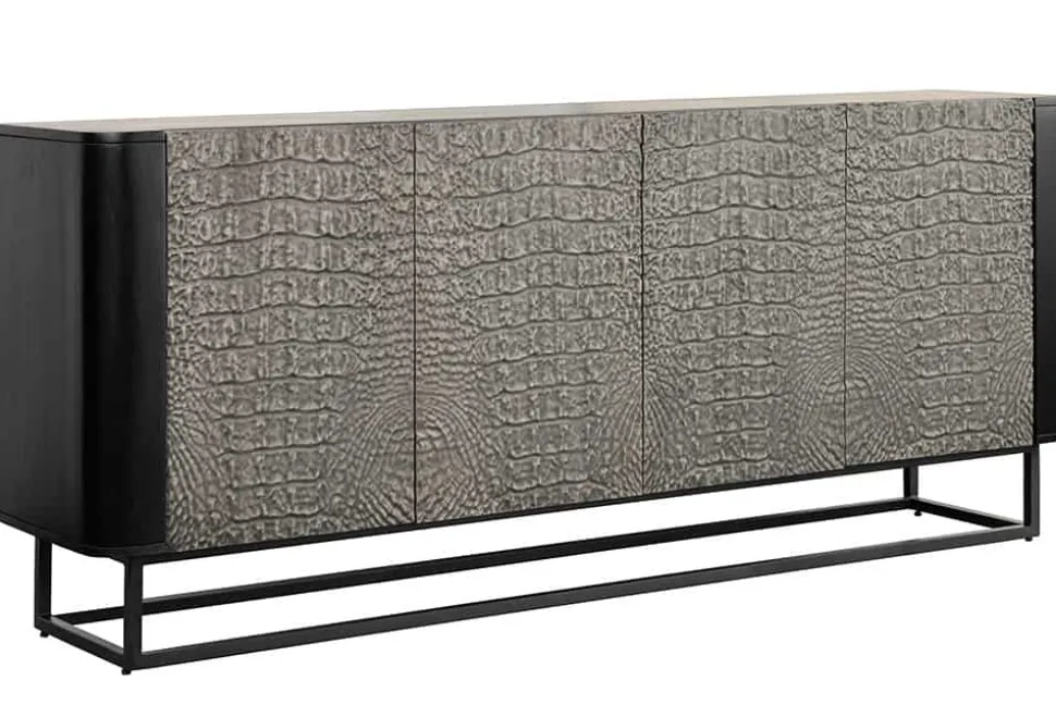 Handgefertigtes Sideboard CROCO 180cm grau schwarz Mangoholz mit 3D Schnitzereien massiv Metall