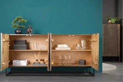 Handgefertigtes Sideboard CROCO 180cm gold braun Mangoholz mit 3D Schnitzereien massiv schwarz Metall