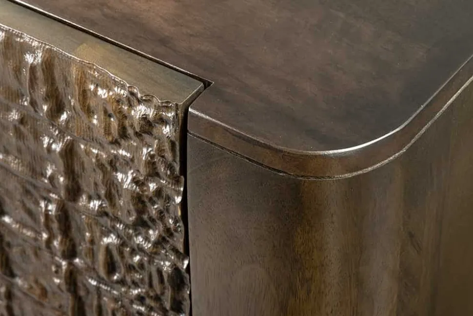 Handgefertigtes Sideboard CROCO 180cm gold braun Mangoholz mit 3D Schnitzereien massiv schwarz Metall