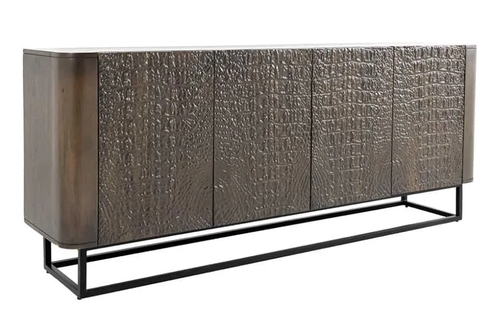 Handgefertigtes Sideboard CROCO 180cm gold braun Mangoholz mit 3D Schnitzereien massiv schwarz Metall