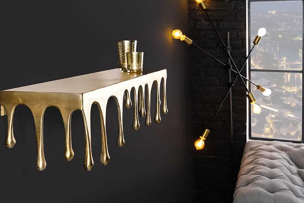 Handgefertigtes Wandregal LIQUID LINE 60cm gold antik Metall Tropfen-Design