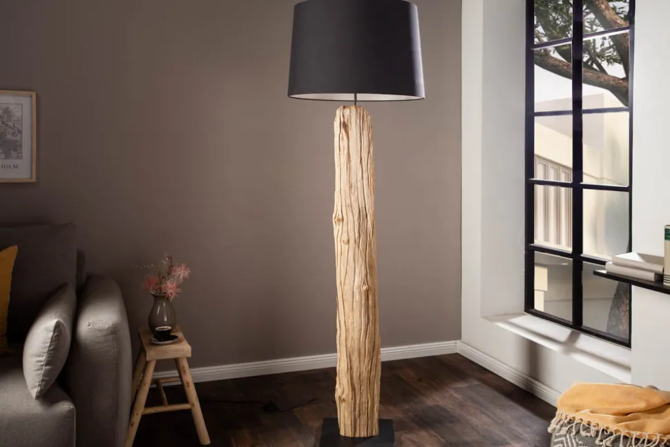Handmade Stehlampe ROUSILIQUE 180cm schwarz Treibholzlampe Leinenschirm Baumstamm