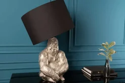 Handmade Tischlampe KONG 60cm silber Metall Affe Gorilla Dekoleuchte schwarzer Lampenschirm