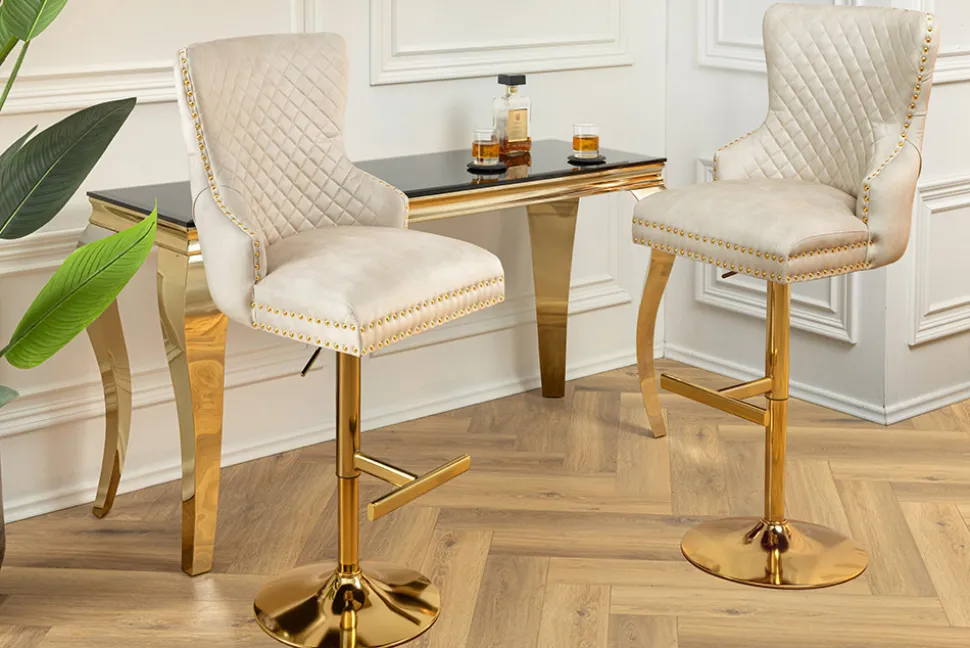 Höhenverstellbarer Barhocker CASTLE DELUXE beige Samt gold Edelstahl mit Löwenkopf