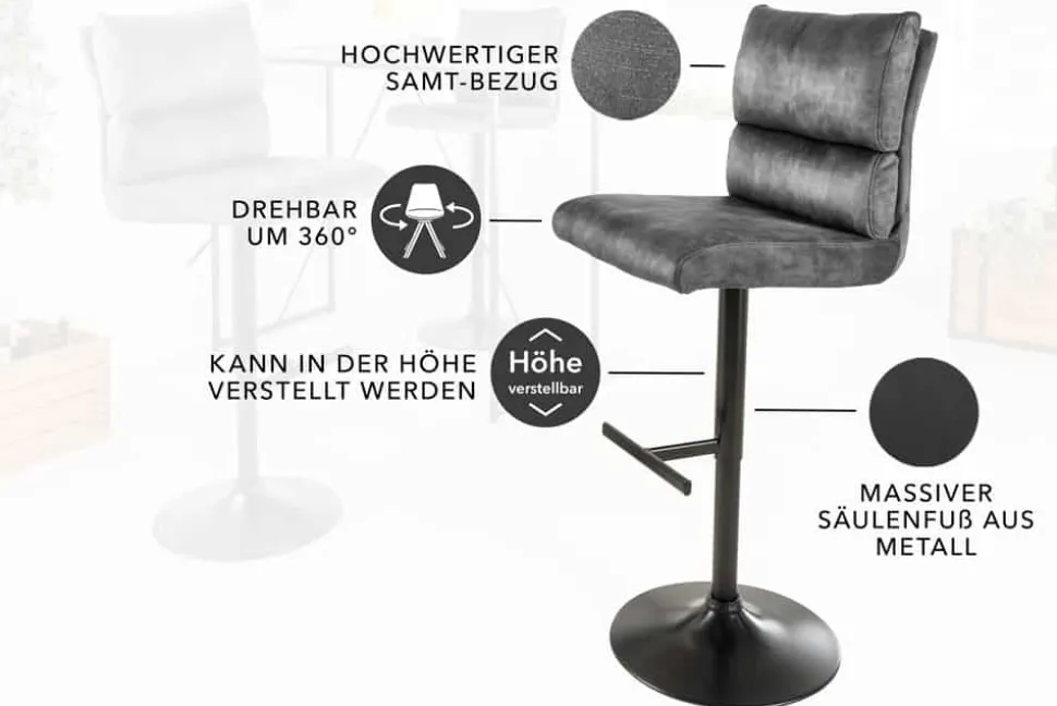 Höhenverstellbarer Barhocker COMFORT dunkelgrau Samt drehbar mit Lehne Metall schwarz