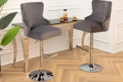 Höhenverstellbarer Barhocker CASTLE DELUXE grau Samt silber Edelstahl Löwenkopf