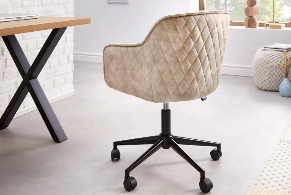 Höhenverstellbarer Design Bürostuhl EUPHORIA champagner greige Samt drehbar Ziersteppung