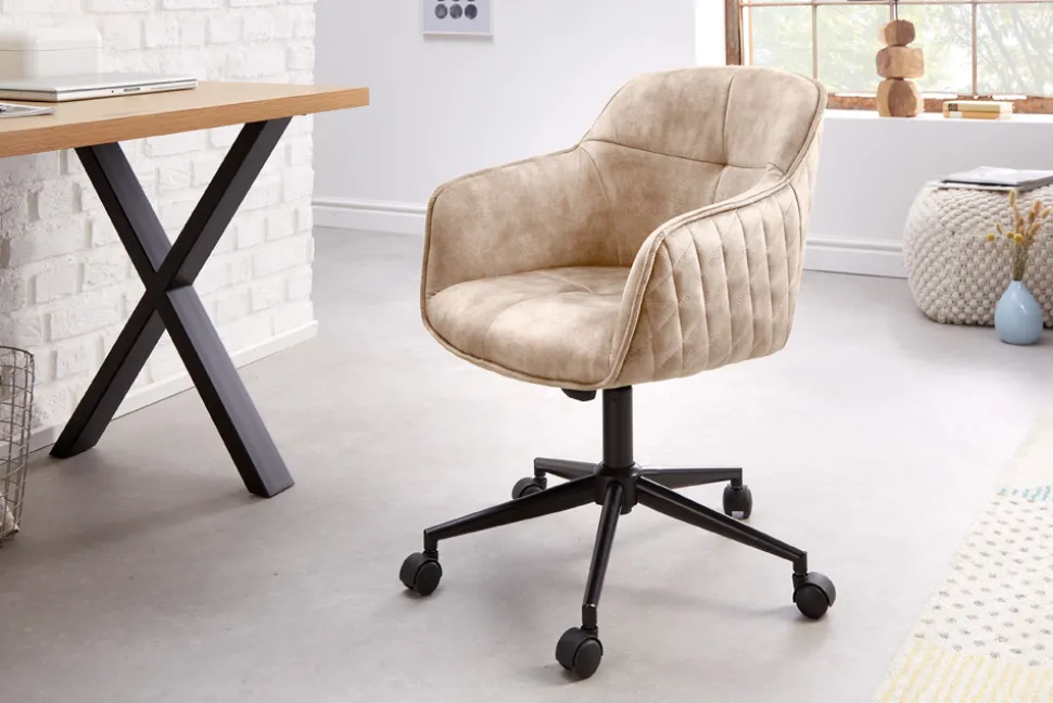Höhenverstellbarer Design Bürostuhl EUPHORIA champagner greige Samt drehbar Ziersteppung