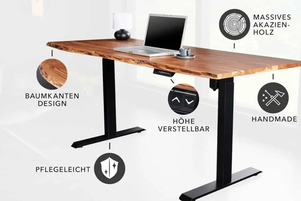 Höhenverstellbarer Schreibtisch MAMMUT 140cm natur Akazie Massivholz Baumkante