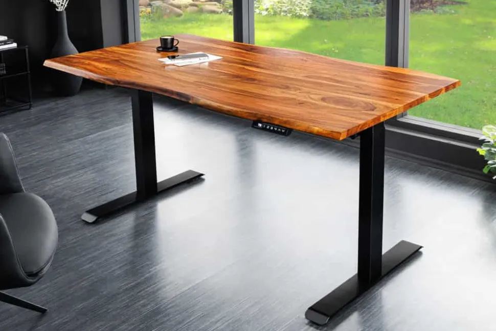 Höhenverstellbarer Schreibtisch MAMMUT 140cm braun Sheesham Massivholz stone finish
