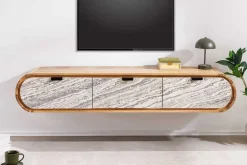 Hängendes TV-Board ORGANIC 160cm natur Akazie schwarz weiß Steinfurnier Schubladen