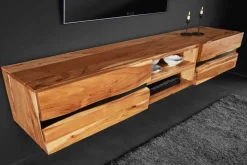 Hängendes TV-Lowboard AMAZONAS 160cm natur Akazie Massivholz Baumkante Metall schwarz