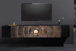 Hängendes TV-Lowboard GOLDEN SUNSET 160cm Mangoholz schwarz mit 3D Schnitzereien gold handmade