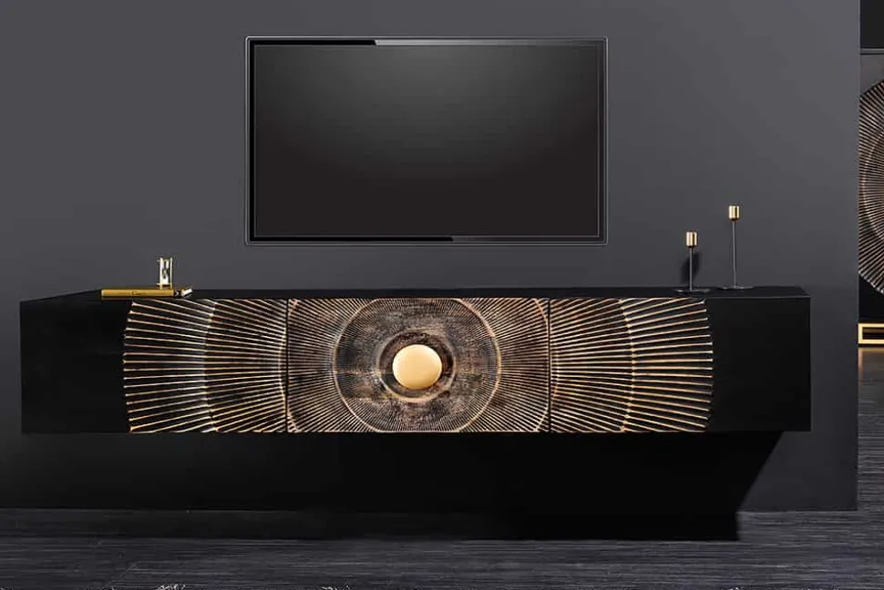 Hängendes TV-Lowboard GOLDEN SUNSET 160cm Mangoholz schwarz mit 3D Schnitzereien gold handmade