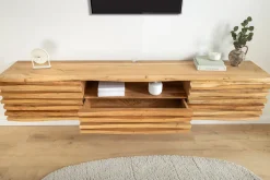 Hängendes TV-Lowboard RELIEF 200cm natur Akazienholz massiv mit aufwändiger Front