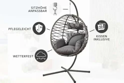 In- und Outdoor Hängesessel IBIZA anthrazit Rattan mit Gestell wetterfest inkl. Kissen