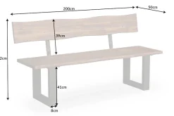 Industrial Baumstamm Sitzbank GENESIS 200cm Akazie Massivholz Kufengestell Rückenlehne Live Edge