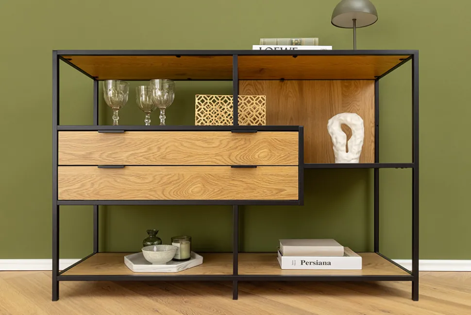 Industrial Bücherregal SLIM LINE 115cm Wildeiche schwarz Metall mit Schubladen