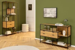 Industrial Bücherregal SLIM LINE 115cm Wildeiche schwarz Metall mit Schubladen