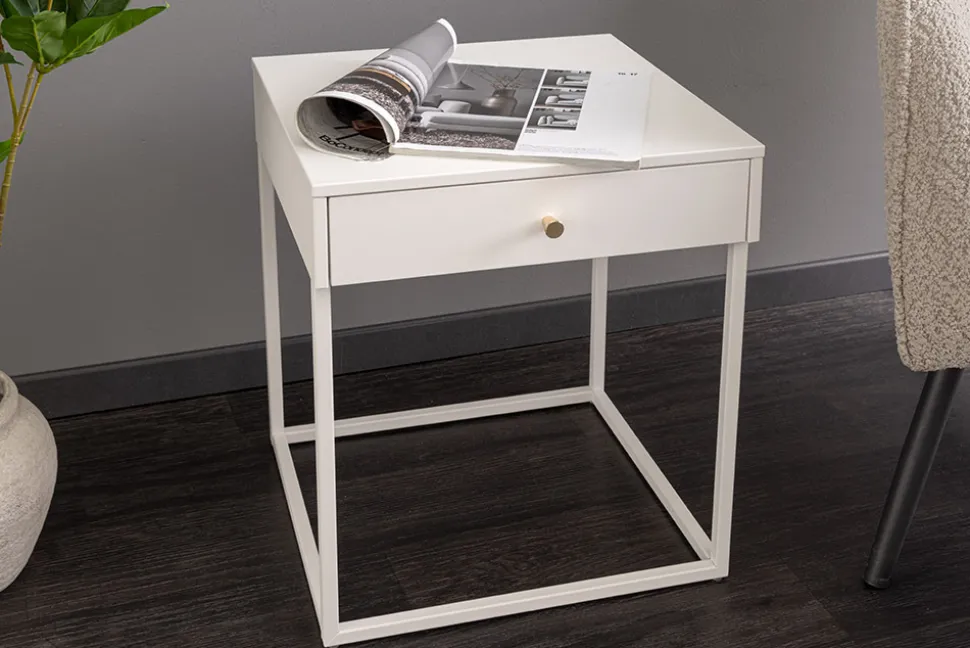 Industrial Beistelltisch SLIM LINE 50cm weiß Metall mit Schublade Nachttisch