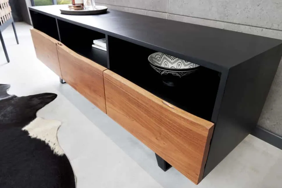 Industrial Design TV-Board ORGANIC ARTWORK 140cm Akazie Massivholz Eisengestell