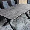 Industrial Esstisch WILD 160cm grau gekälkt Wildeiche-Design Baumkante schwarz X-Gestell