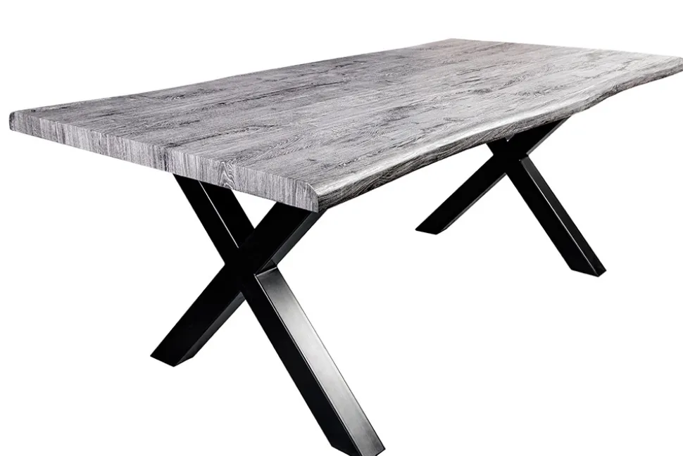 Industrial Esstisch WILD 160cm grau gekälkt Wildeiche-Design Baumkante schwarz X-Gestell