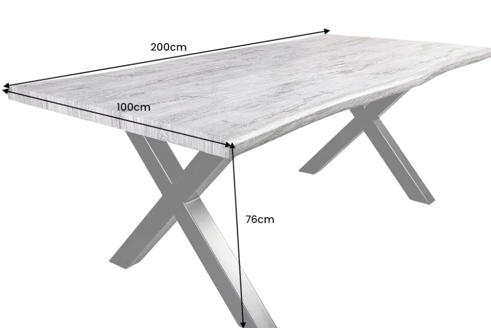 Industrial Esstisch WILD 200cm grau gekälkt Wildeiche-Design Baumkante schwarz X-Gestell